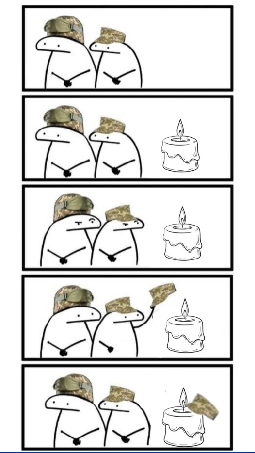 Flork of Cows gives a hat to a trench candle. (Russians say that booby-trapped trench candles are exploding on their soldiers.)