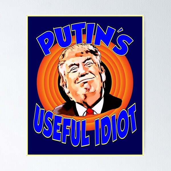 Cartoon with Trump's face and the words 'Useful Idiot.'