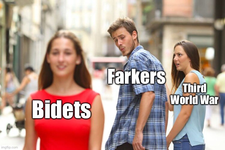 Distracted boyfriend looks at bidets instead of the Third World War.