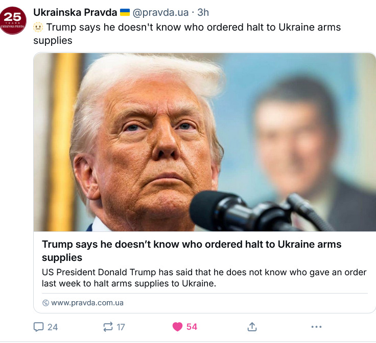 Trump doesn't know who ordered halt to Ukraine arms supplies.