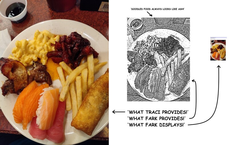 A doodle showing sashimi, fries, and difficulty with image sizing.